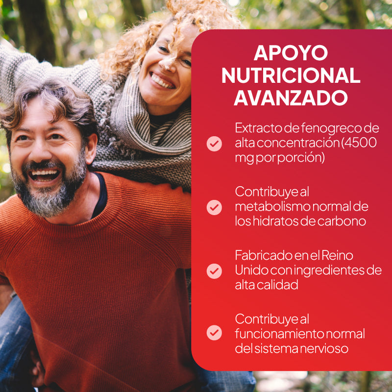 Imagen promocional en español para un complemento alimenticio, en la que aparece, a la izquierda, una pareja sonriente al aire libre y, a la derecha, un gran recuadro rojo con texto en blanco en el que se enumeran beneficios como el extracto de fenogreco de alta concentración y el apoyo al metabolismo y al funcionamiento del sistema nervioso.