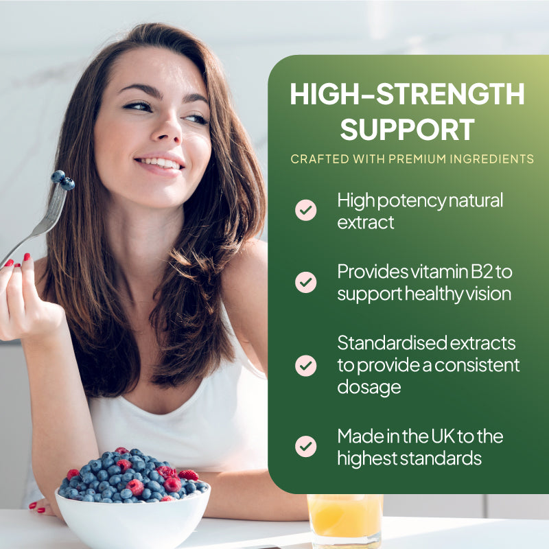 Promotional product graphic for Simply Supplements Bilberry 12000mg, highlighting key benefits. The product is a high potency extract, provides B2 and made in the UK to the highest standards.