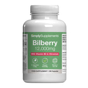 Supplement bottle labeled 'SimplySupplements Bilberry 12,000mg' on a white background