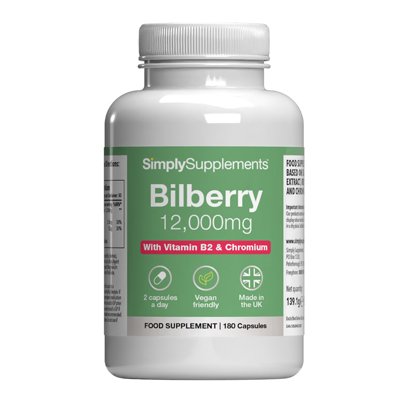 Supplement bottle labeled 'SimplySupplements Bilberry 12,000mg' on a white background