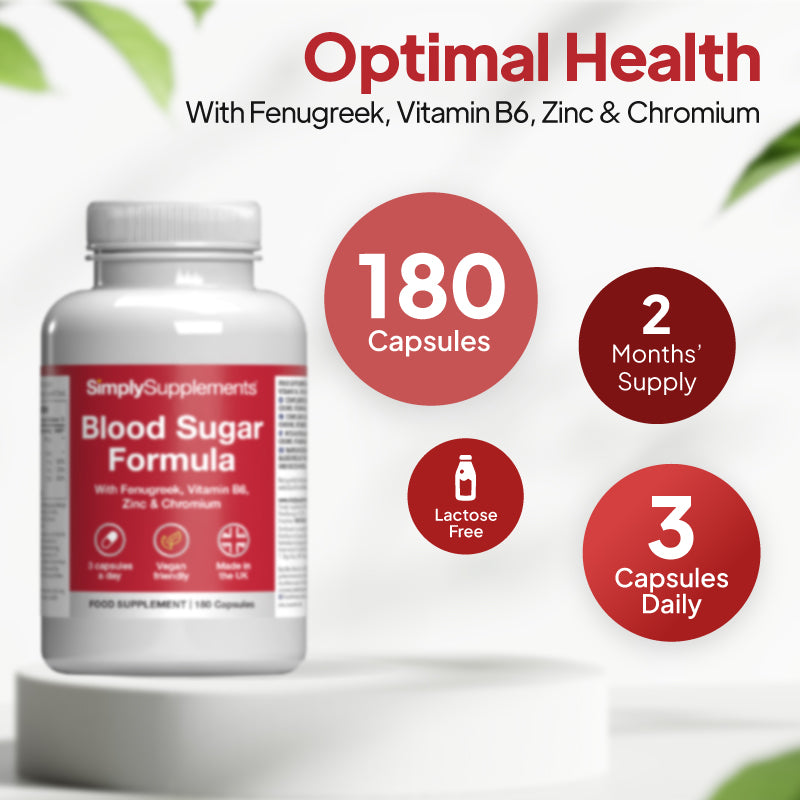 Supplement bottle labeled 'Blood Sugar Formula' with nutritional information on a white background. 180 Capsules. 2 months' supply, take 3 capsules daily. Lactose free