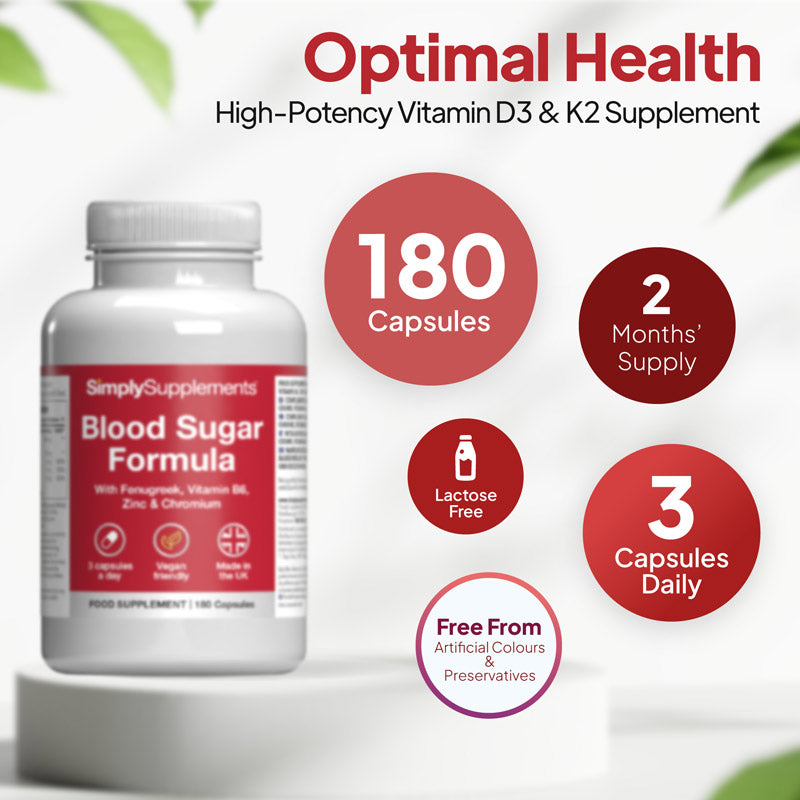 Blood Sugar Formula- High Potency Vitamin D3 @ K2 Supplement. 180 Capsules. 2 months' supply, take 3 capsules daily. Lactose free