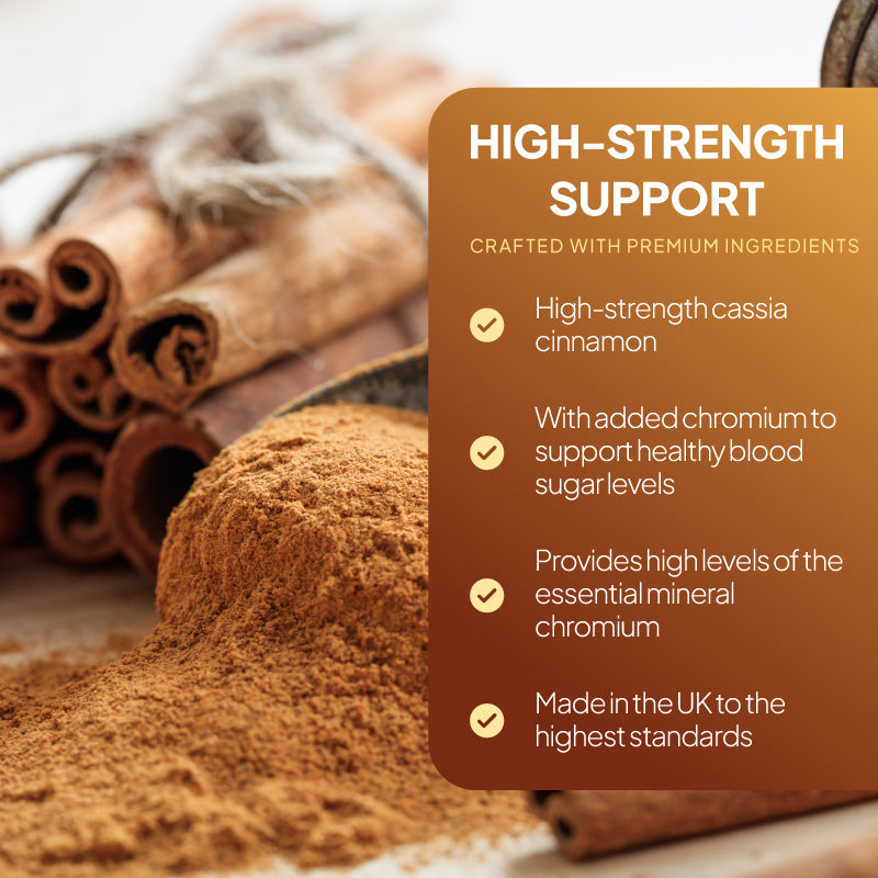 Simply Supplements Cinnamon 2000mg graphic highlighting support for healthy blood sugar, chromium content, UK-made quality, and standardised extract ingredients.