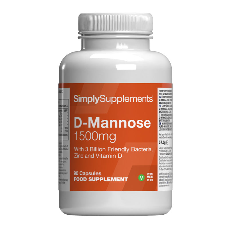 Frasco de suplemento con la etiqueta «D-manosa Simply Supplements», de color naranja sobre fondo blanco.