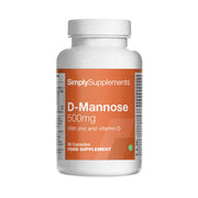 Frasco de suplemento con la etiqueta «D-manosaSimply Supplements», de color naranja sobre fondo blanco.