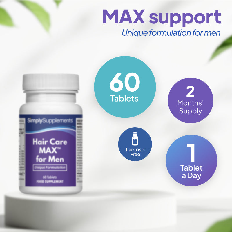 Product infographic for Simply Supplements Hair Care MAX for Men, showing the supplement bottle beside a circular layout, highlighting  60 tablets, up to 2 months’ supply, 1 tablet a day and lactose free.