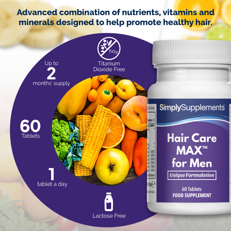 Product infographic for Simply Supplements Hair Care MAX for Men, showing the supplement bottle beside a circular layout filled with fruits and vegetables, with text stating it is an advanced combination of nutrients, vitamins and minerals designed to help promote healthy hair, and highlighting 60 tablets, up to 2 months’ supply, 1 tablet a day, lactose free, and titanium dioxide free.