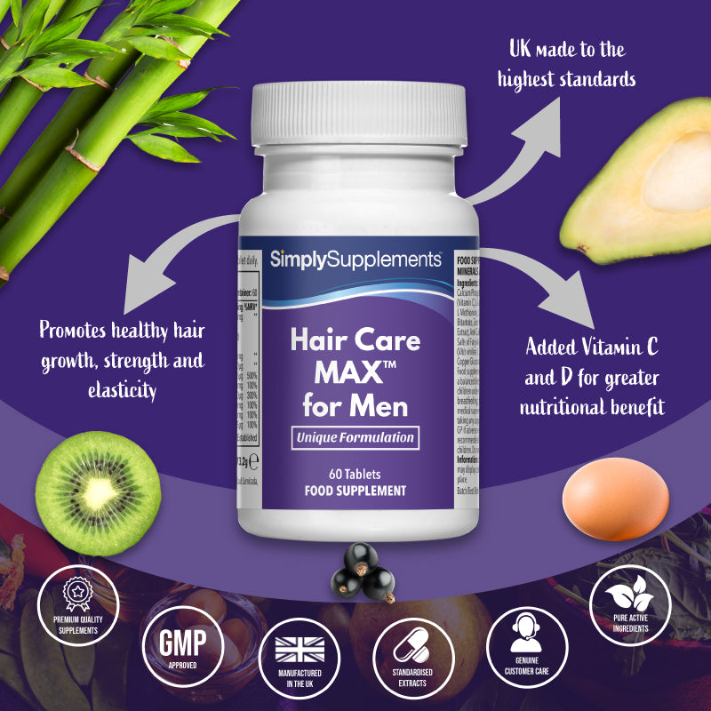Promotional product graphic for Simply Supplements Hair Care MAX for Men, showing the bottle centered on a purple background with bamboo, avocado, kiwi, egg and blackcurrants, plus arrows and text stating it promotes healthy hair growth, strength and elasticity, includes added vitamins C and D for greater nutritional benefit, and is UK made to the highest standards, with quality and GMP-style badge icons along the bottom.