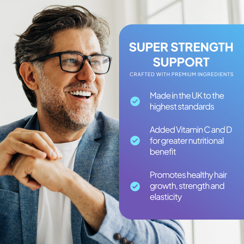 Promotional product graphic for Simply Supplements Hair Care MAX for Men, highlighting the product is made in the UK to the highest standards, with added vitamin C and D for greater nutritional benefit and promotes healthy hair growth, strength and elasticity.