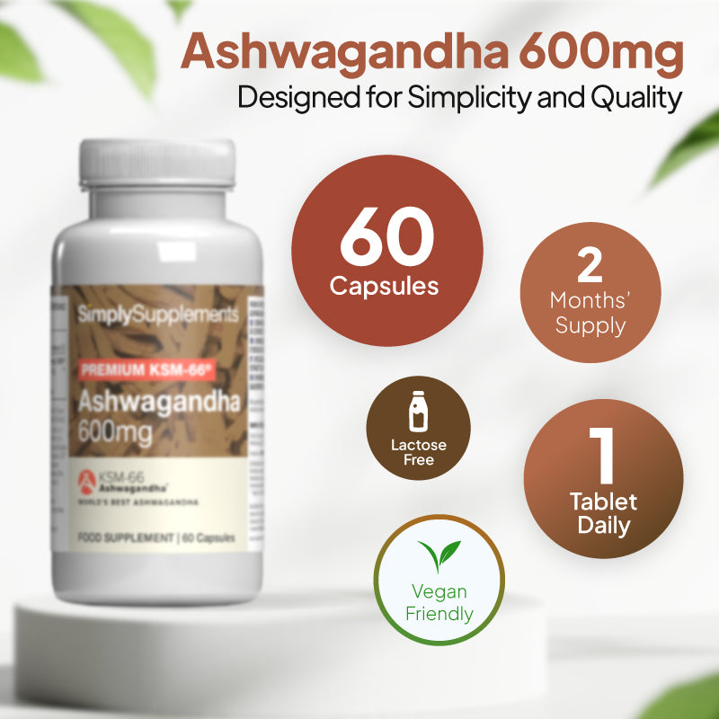 Ashwagandha 600mg supplement bottle image with 60 capsules, 2 months supply, lactose free, 1 tablet daily, and vegan friendly