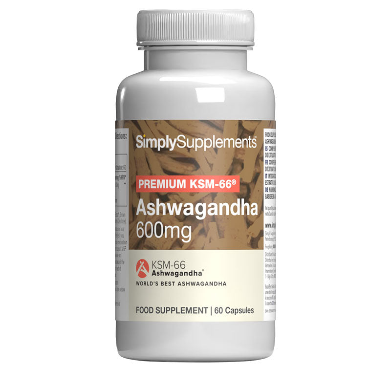 SimplySupplements Premium KSM-66 Ashwagandha 600mg food supplement bottle with 60 capsules