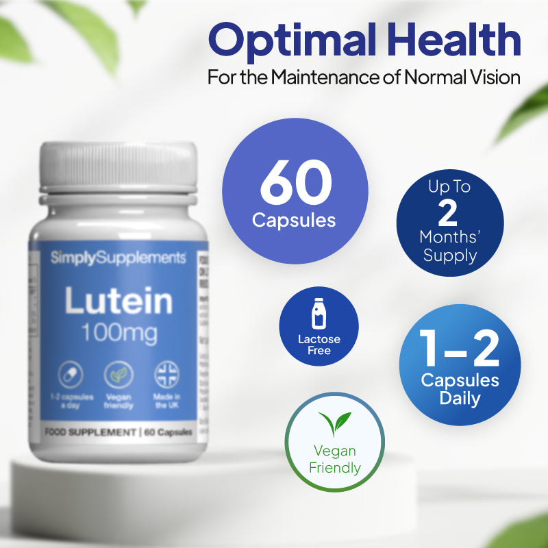 Simply Supplements Lutein 100mg supplement graphic showing 60 capsules, up to 2 months’ supply, 1 to 2 capsules daily, lactose free formula and vegetarian friendly profile.