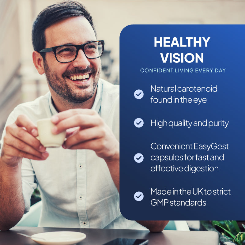 Simply Supplements Lutein 100mg lifestyle graphic highlighting natural carotenoid found in the eye, high quality and purity, EasyGest capsules for fast and effective digestion, and made in the UK to strict GMP standards.