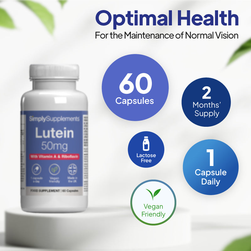Simply Supplements Lutein 50mg supplement graphic showing 60 capsules, 2 months’ supply, 1 capsule daily, lactose free formula and vegan friendly profile.