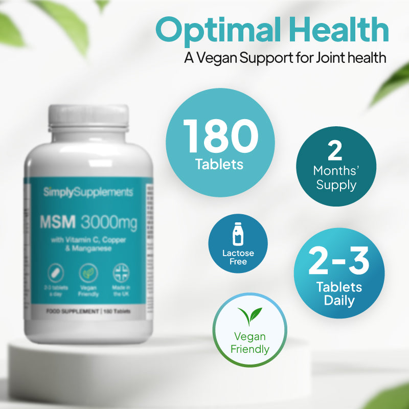 Simply Supplements MSM 3000mg vegan joint health supplement bottles with 180tablets, 2 months supply, lactose free formula and 2-3 tablets daily dosage for long-lasting joint support.