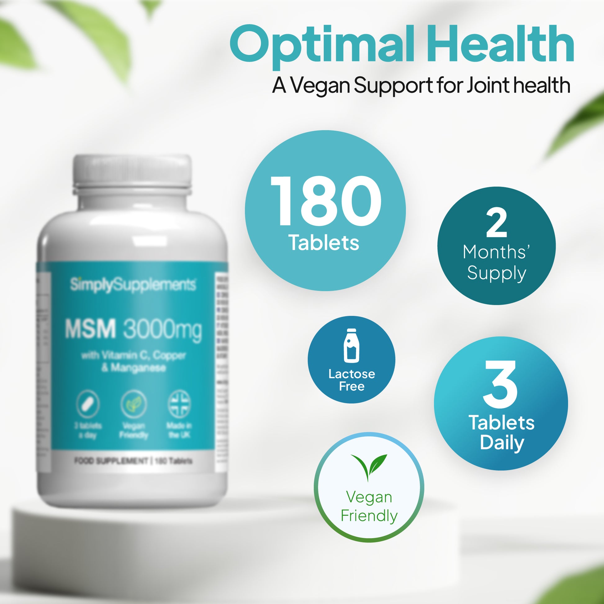 Simply Supplements MSM 3000mg vegan joint health supplement bottles with 180tablets, 2 months supply, lactose free formula and 3 tablets daily dosage for long-lasting joint support.