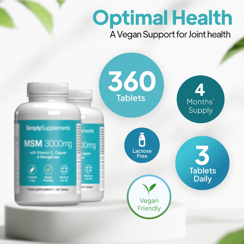 Simply Supplements MSM 3000mg vegan joint health supplement bottles with 360 tablets, 4 months supply, lactose free formula and 3 tablets daily dosage for long-lasting joint support.
