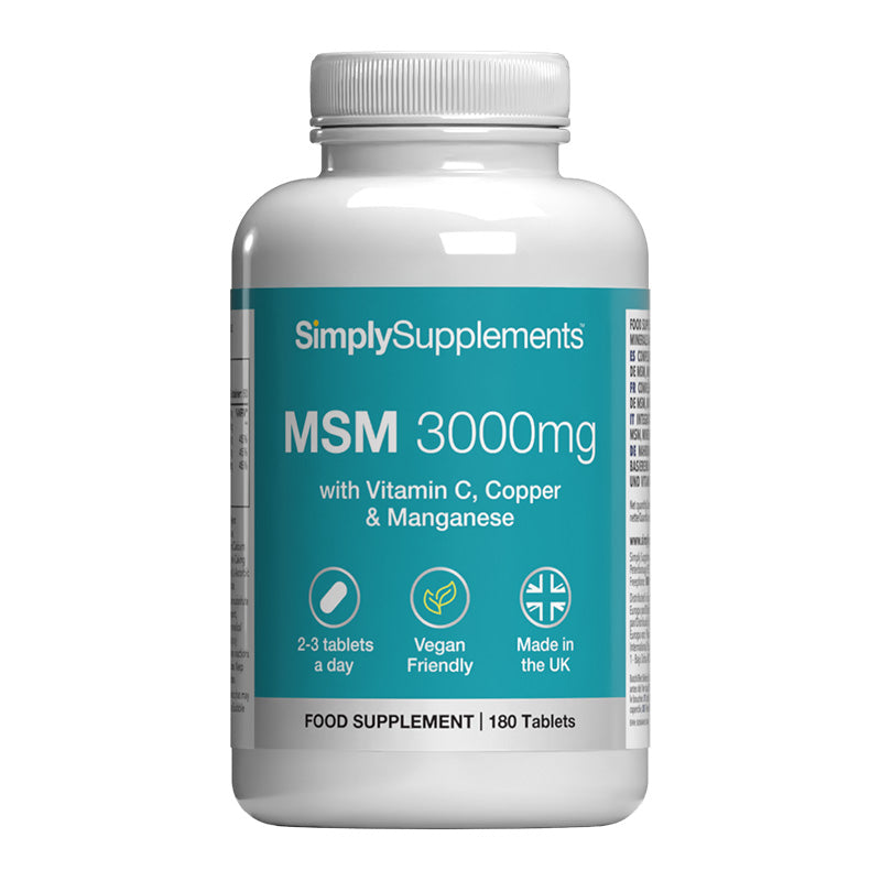 Supplement bottle labeled 'SimplySupplements MSM 3000mg' on a white background