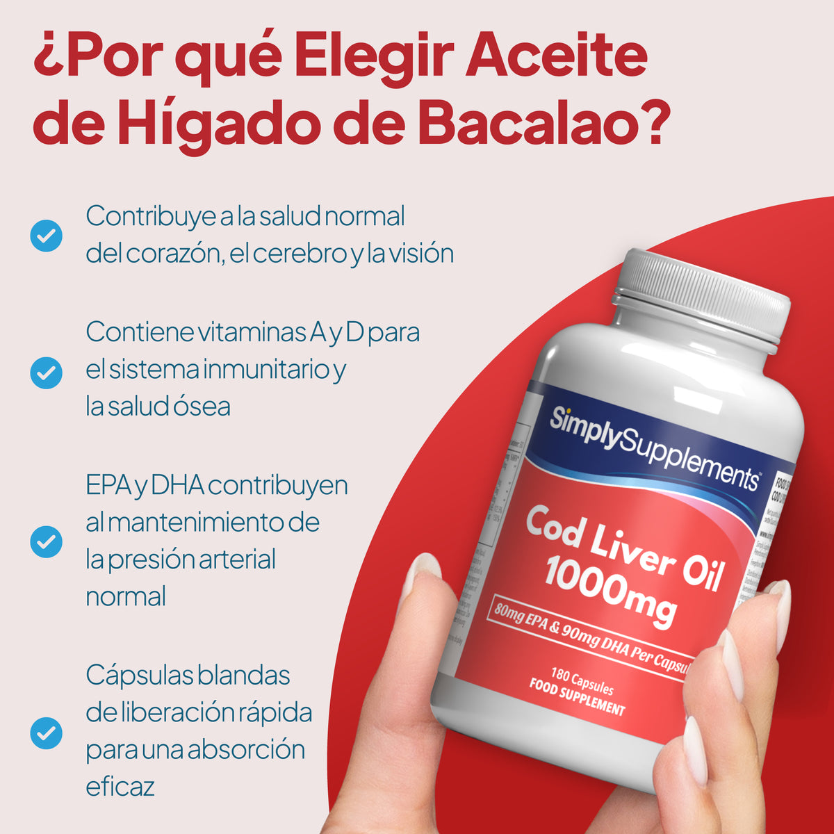 Una mano que sostiene un frasco de cápsulas de aceite de hígado de bacalao de SimplySupplements de 1000 mg, sobre un fondo gráfico en tonos rojos y beige con un texto en español en el que se detallan sus beneficios para la salud. ¿Por qué elegir las cápsulas de aceite de hígado de bacalao de 1.000 mg? Favorecen la salud del corazón, el cerebro y la vista. Con vitamina A añadida, que contribuye al funcionamiento normal del sistema inmunitario.
