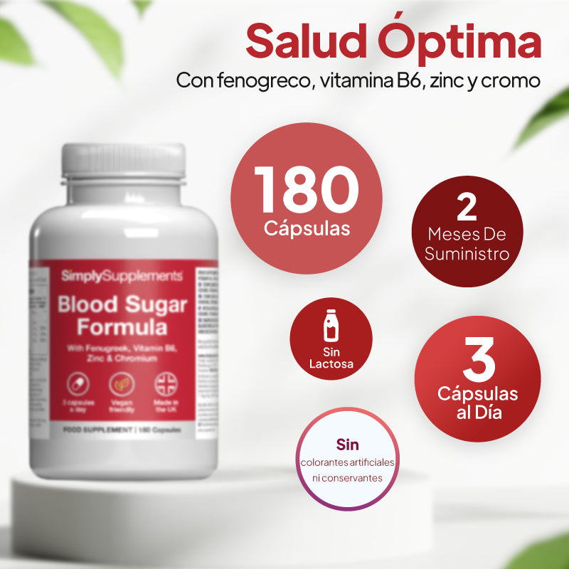 Frasco del suplemento «Formula para el azúcar en sangre» de Simply Supplements, colocado sobre un pedestal blanco, con texto promocional en español y círculos que destacan que contiene 180 cápsulas, un suministro para 2 meses, 3 cápsulas al día, sin lactosa y sin colorantes artificiales.