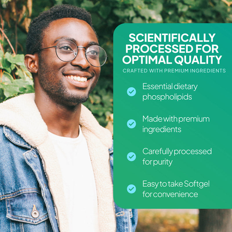 Simply Supplements Soya Lecithin 1200mg lifestyle graphic highlighting essential dietary phospholipids, premium ingredients, carefully processed purity and easy-to-take softgel convenience.