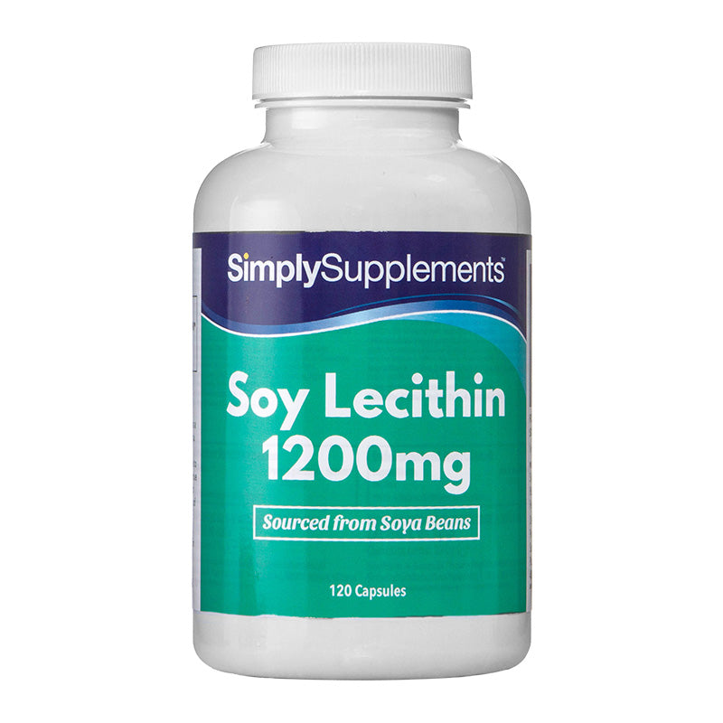 A bottle of Simply Supplements Soya Lecithin 1200mg on a white background