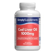 Frasco de suplemento con la etiqueta «Aceite de Bacalao 1000 mg Simply Supplements», de color rojo sobre fondo blanco.