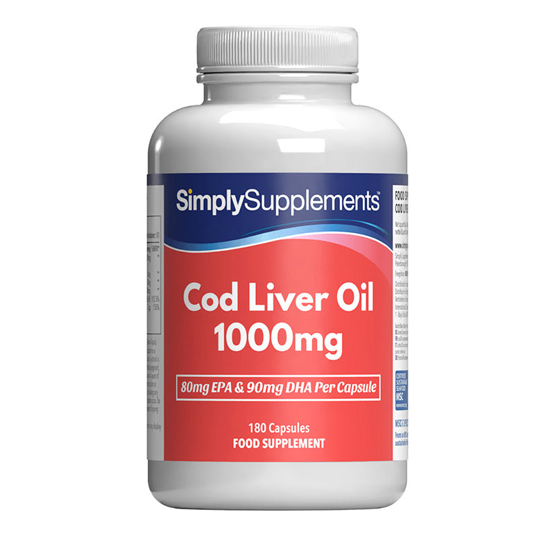 Frasco de suplemento con la etiqueta «Aceite de Bacalao 1000 mg Simply Supplements», de color rojo sobre fondo blanco.