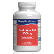 Frasco de suplemento con la etiqueta «Aceite de Bacalao 550 mg Simply Supplements», de color rojo sobre fondo blanco.
