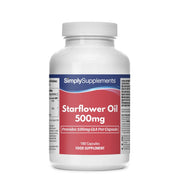 Frasco de suplemento con la etiqueta «Aceite de Borraja 500mg Simply Supplements», de color rojo sobre fondo blanco.
