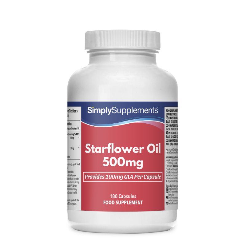 Frasco de suplemento con la etiqueta «Aceite de Borraja 500mg Simply Supplements», de color rojo sobre fondo blanco.