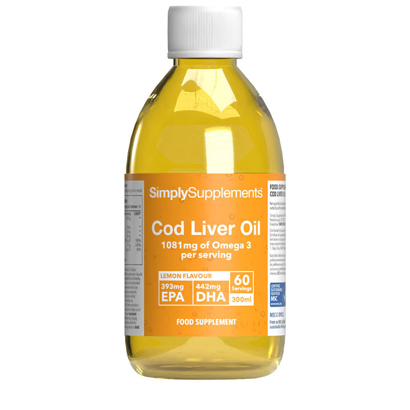 Frasco de suplemento con la etiqueta «Aceite de Hígado de Bacalao Líquido Simply Supplements», de color amarillo sobre fondo blanco.