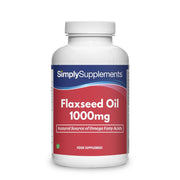 Frasco de suplemento con la etiqueta «Aceite de Linaza 1000mg Simply Supplements», de color rojo sobre fondo blanco.