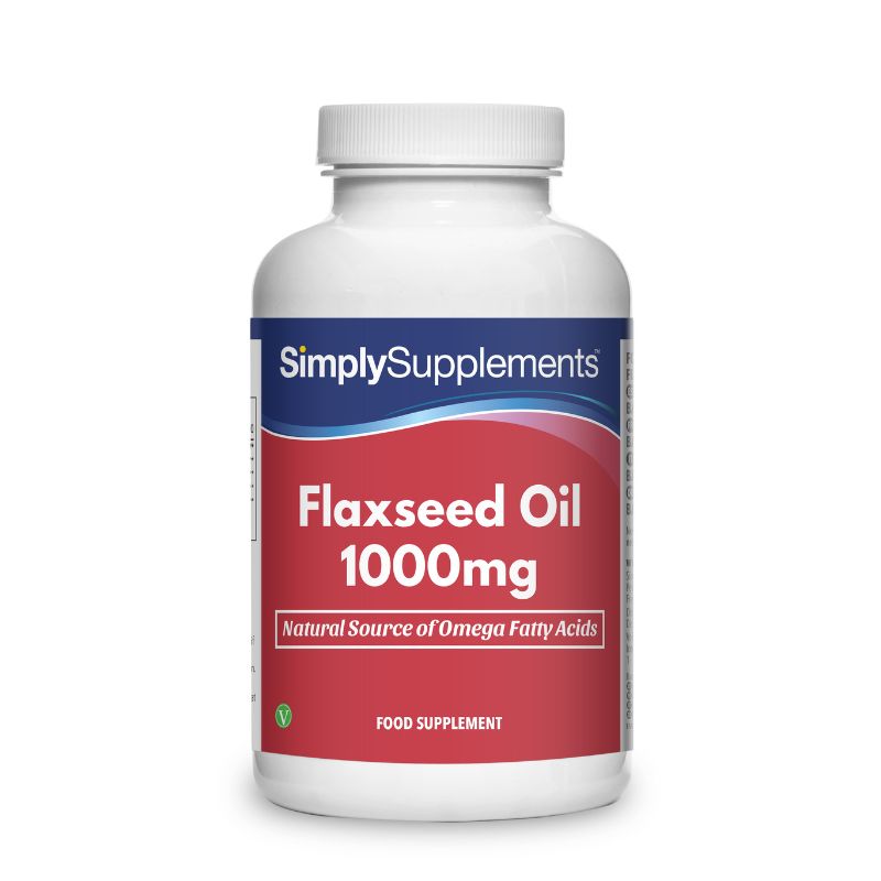 Frasco de suplemento con la etiqueta «Aceite de Linaza 1000mg Simply Supplements», de color rojo sobre fondo blanco.