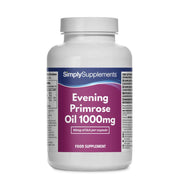 Frasco de suplemento con la etiqueta «Aceite de Onagra 1000 mg Simply Supplements», de color rosa sobre fondo blanco.
