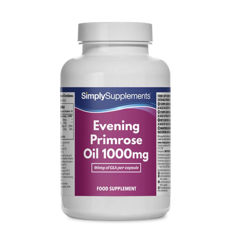 Frasco de suplemento con la etiqueta «Aceite de Onagra 1000 mg Simply Supplements», de color rosa sobre fondo blanco.
