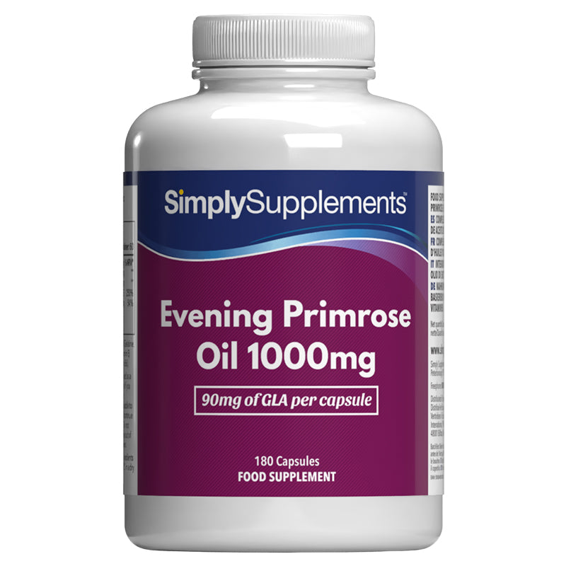 Frasco de suplemento con la etiqueta «Aceite de Onagra 1000 mg Simply Supplements», de color rosa sobre fondo blanco.

