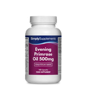 Frasco de suplemento con la etiqueta «Aceite de Onagra 500mg Simply Supplements», de color rosa sobre fondo blanco.