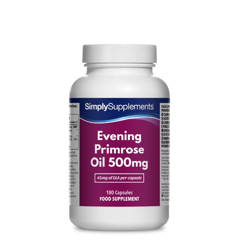 Frasco de suplemento con la etiqueta «Aceite de Onagra 500mg Simply Supplements», de color rosa sobre fondo blanco.