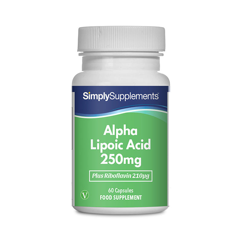 Frasco de suplemento con la etiqueta «Ácido Alfa Lipoico 250mg Simply Supplements», de color verde sobre fondo blanco.
