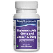 Frasco de suplemento con la etiqueta «Ácido Hialurónico 100 mg & Vitamina C 80 mg Simply Supplements», de color morado sobre fondo blanco.