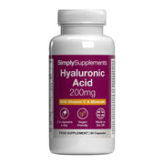 Frasco de suplemento con la etiqueta «Ácido Hialurónico 200mg Simply Supplements», de color celeste sobre fondo blanco.