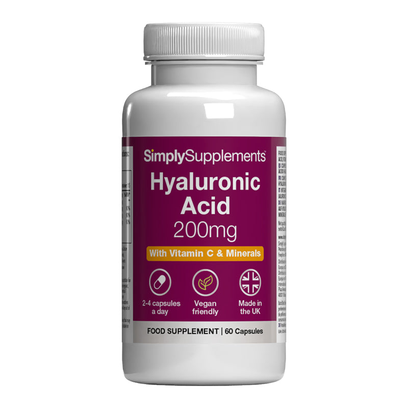 Frasco de suplemento con la etiqueta «Ácido Hialurónico 200mg Simply Supplements», de color celeste sobre fondo blanco.