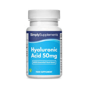 Frasco de suplemento con la etiqueta «Ácido Hialurónico 50 mg Simply Supplements», de color celeste sobre fondo blanco.