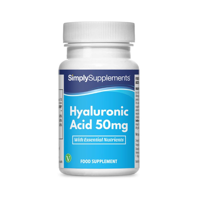 Frasco de suplemento con la etiqueta «Ácido Hialurónico 50 mg Simply Supplements», de color celeste sobre fondo blanco.