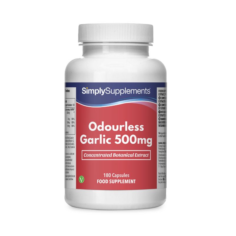 Frasco de suplemento con la etiqueta «Ajo 500mg Simply Supplements», de color roko sobre fondo blanco.