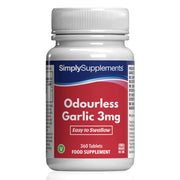 Frasco de suplemento con la etiqueta «Ajo sin olor 3mg Simply Supplements», de color rojo sobre fondo blanco.