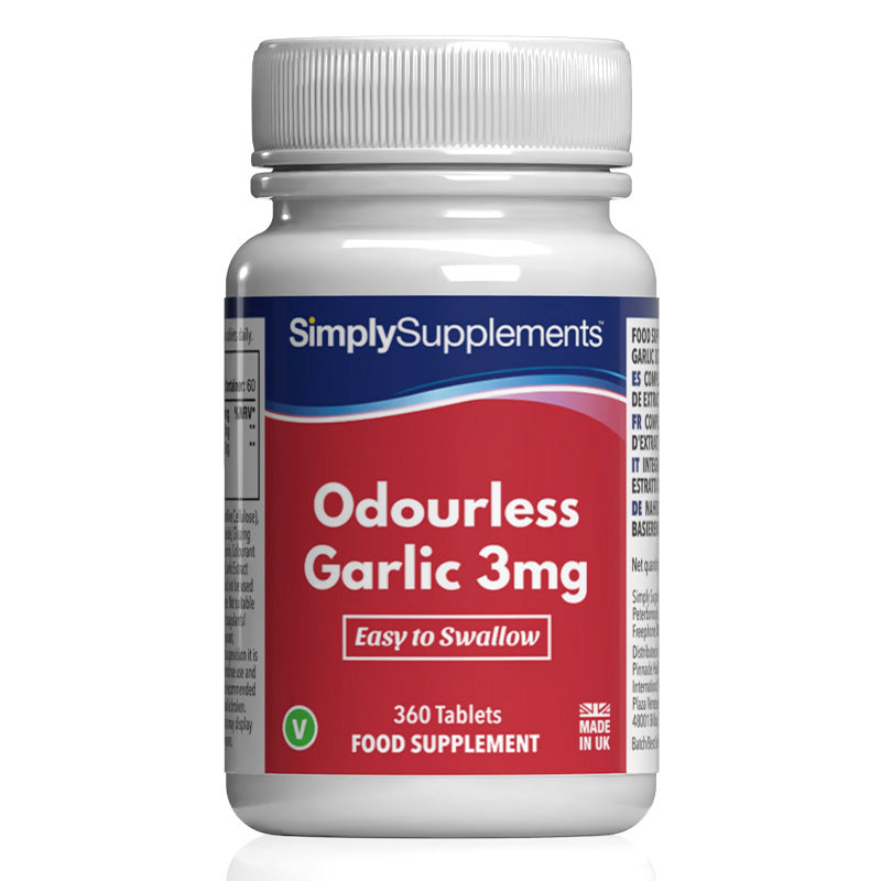 Frasco de suplemento con la etiqueta «Ajo sin olor 3mg Simply Supplements», de color rojo sobre fondo blanco.