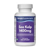 Frasco de suplemento con la etiqueta «Algas Kelp 1400mg Simply Supplements», de color morado sobre fondo blanco.