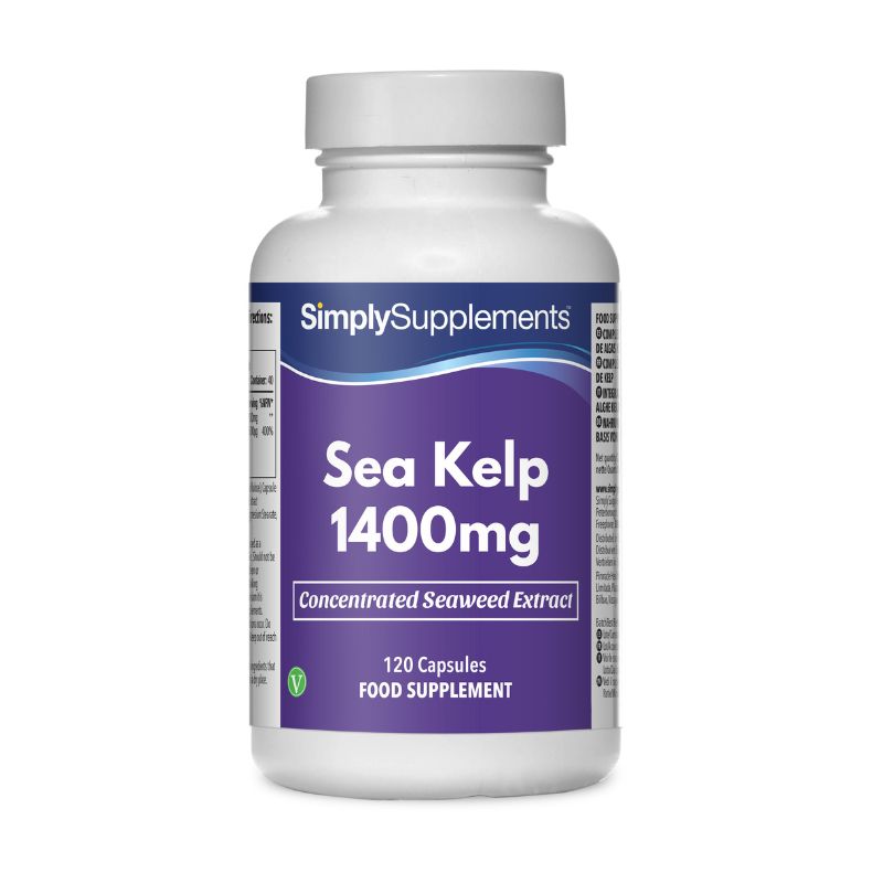 Frasco de suplemento con la etiqueta «Algas Kelp 1400mg Simply Supplements», de color morado sobre fondo blanco.